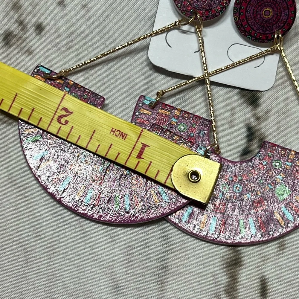 Wooden artisan made Colorful Geometric‎ Earrings purple tones festival
